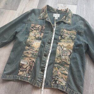 vintage denim jacket with safari wildlife jungle patchwork design size L